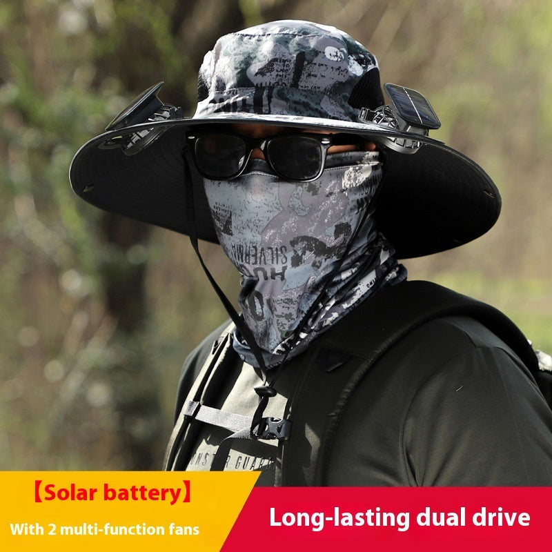 Outdoor Wide-Brim Sun Hat with USB Charging, Solar-Powered Cooling