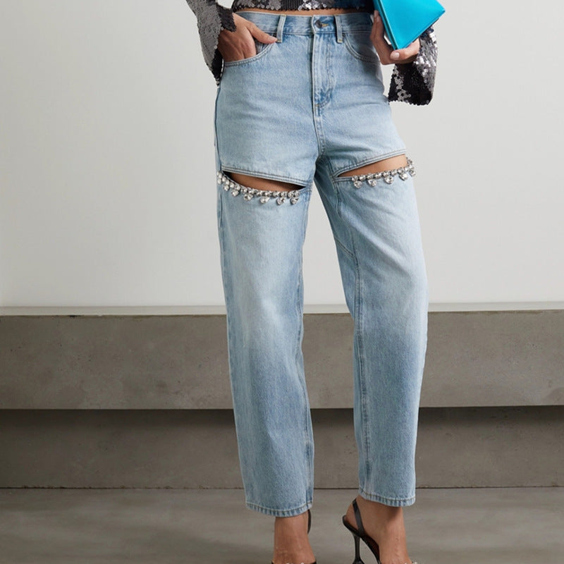 Women's Crystal Decorated High-Waist Straight Leg Jeans