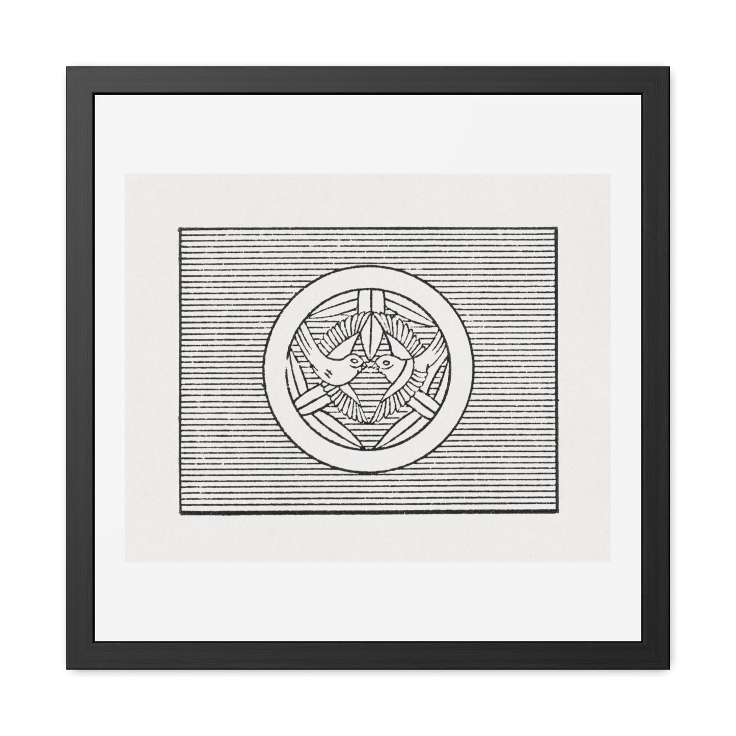 Antique Print of Japanese Birds, Flag Symbol Illustration, from the Original, Wooden Framed Print