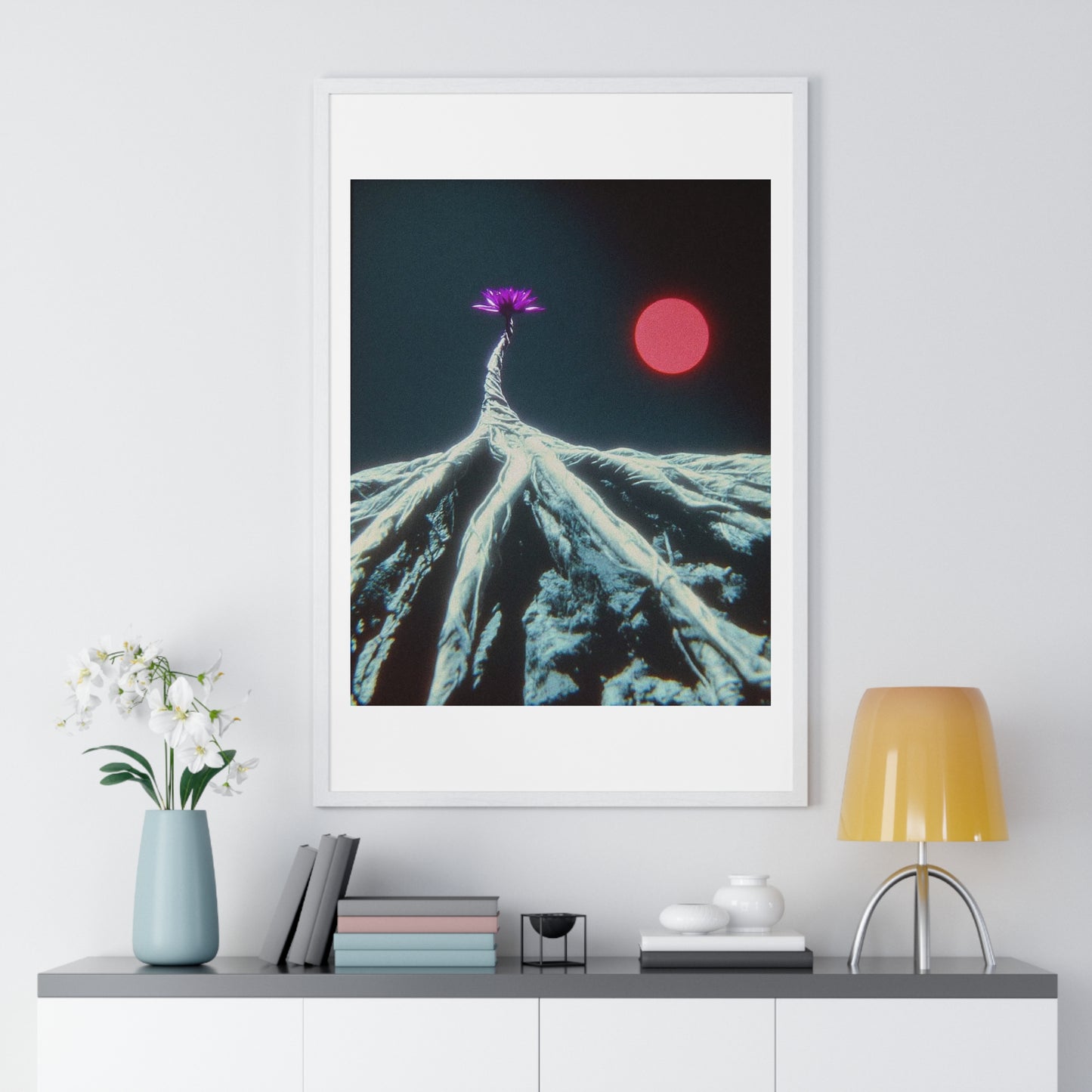One Purple Flower Growing From Frozen Tundra Against a Red Sun 'Designed by AI' Framed Art Print