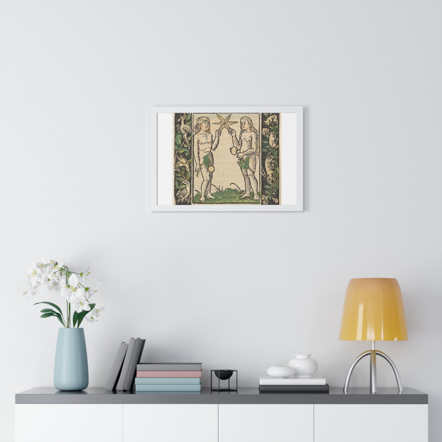 Adam and Eve Holding a Star, Illustration from 'Beschlossen Gart des Rosenkranz Mariae' by Hans Baldung, from the Original, Framed Art Print