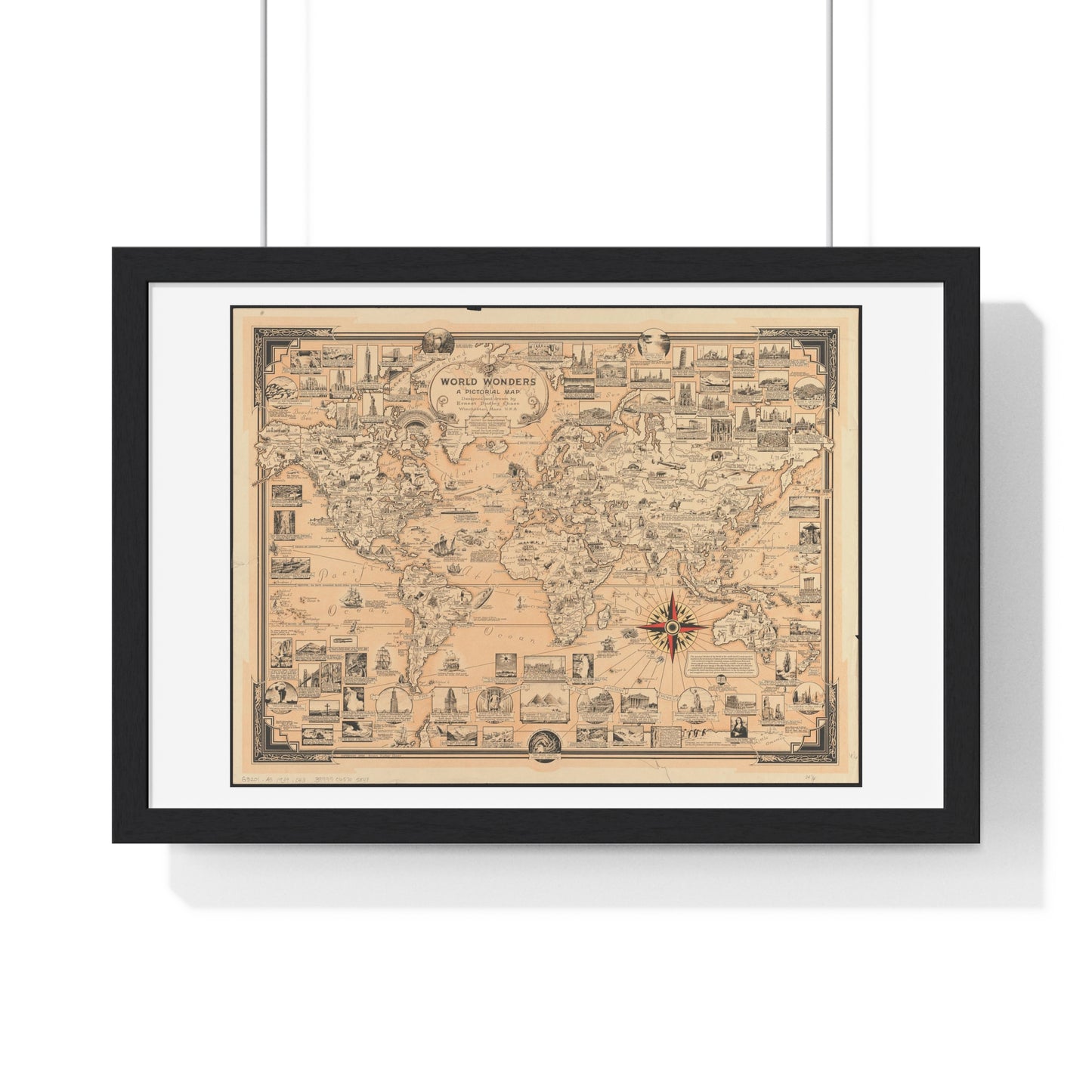 World Wonders, Pictorial Map of the World (1939) by Ernest Dudley Chase, from the Original, Framed Art Print