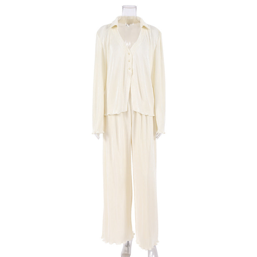 Long-Sleeve Woollen Fine RIb Knit Women's Pant Suit