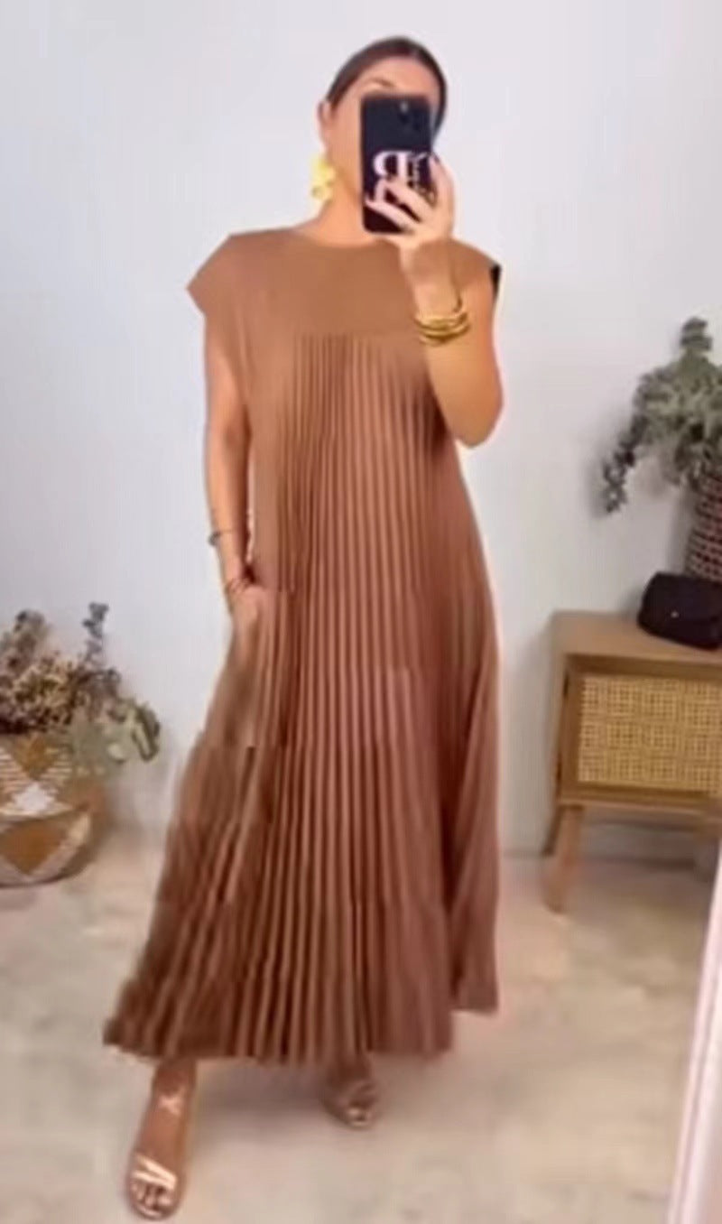 Vireous Sleeveless Pleated Long Dress Round Neck, Multi Colours