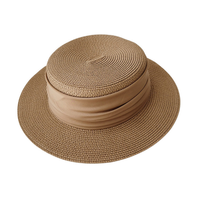 Flat Straw Hat, Women's French Woven 'Top Hat', Seaside Summer Travel Brimmed Hat