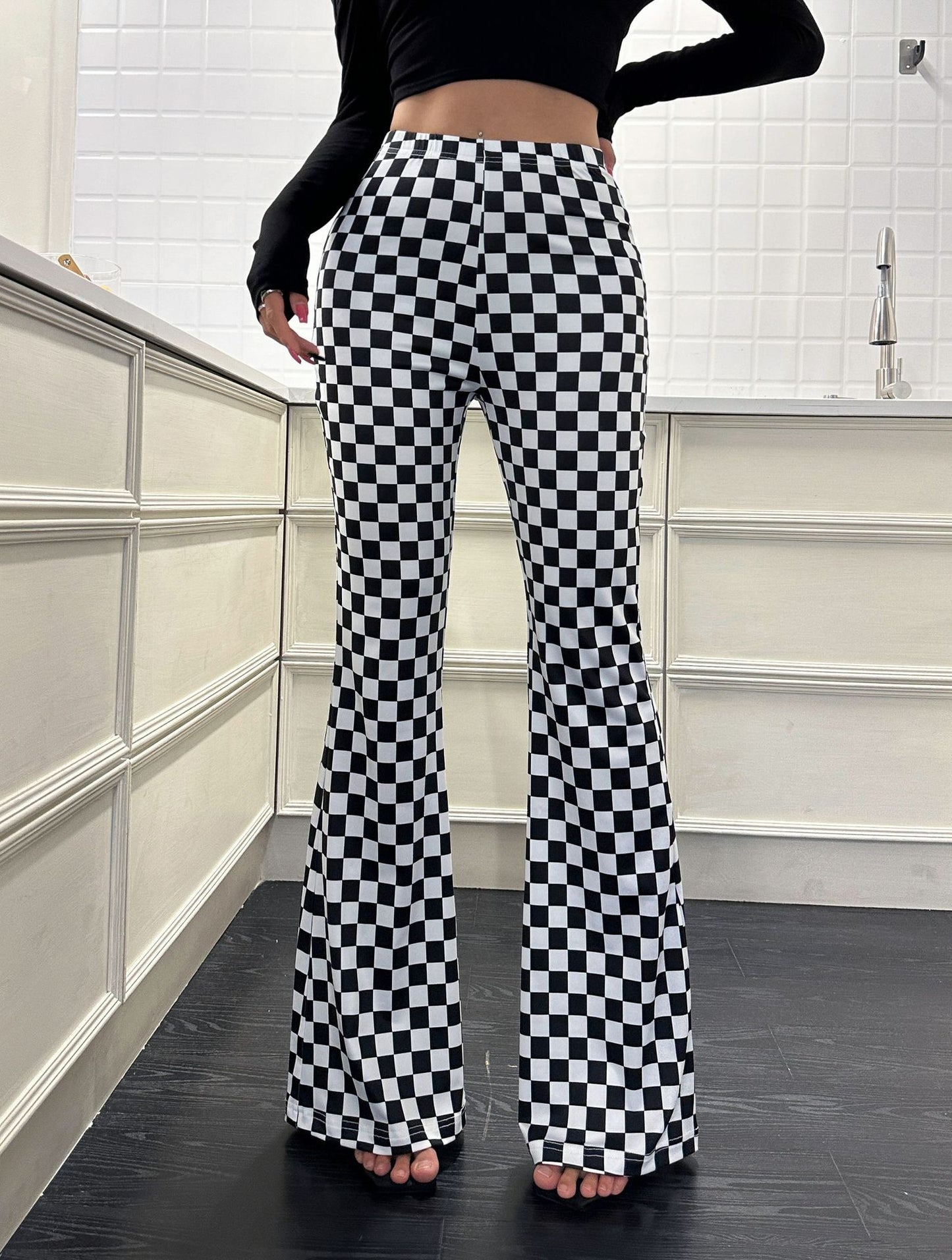 Checkerboard Flare Pants, Women's Fitness Casual Pants