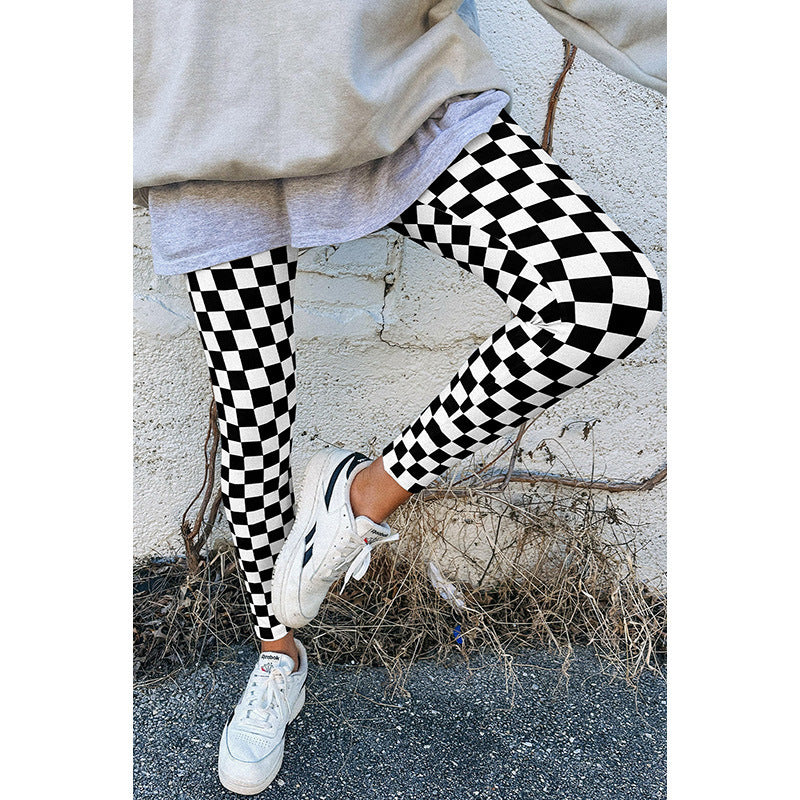 Fashion Trend Printed Black and White Checkerboard Leggings