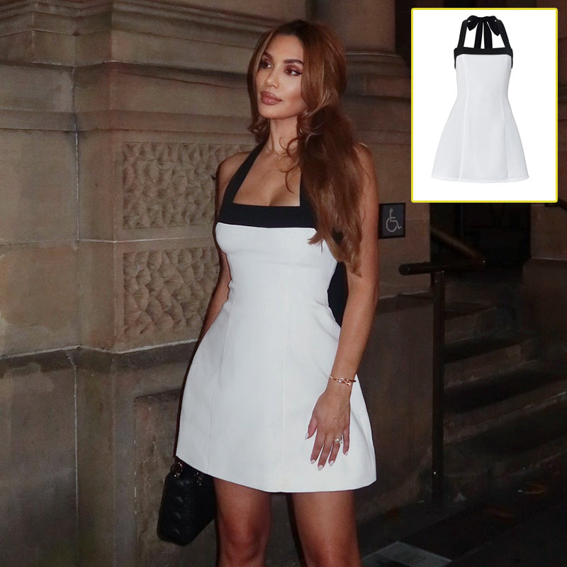 Sexy Black Halter Off-Shoulder Colour Contrast Mini Dress
