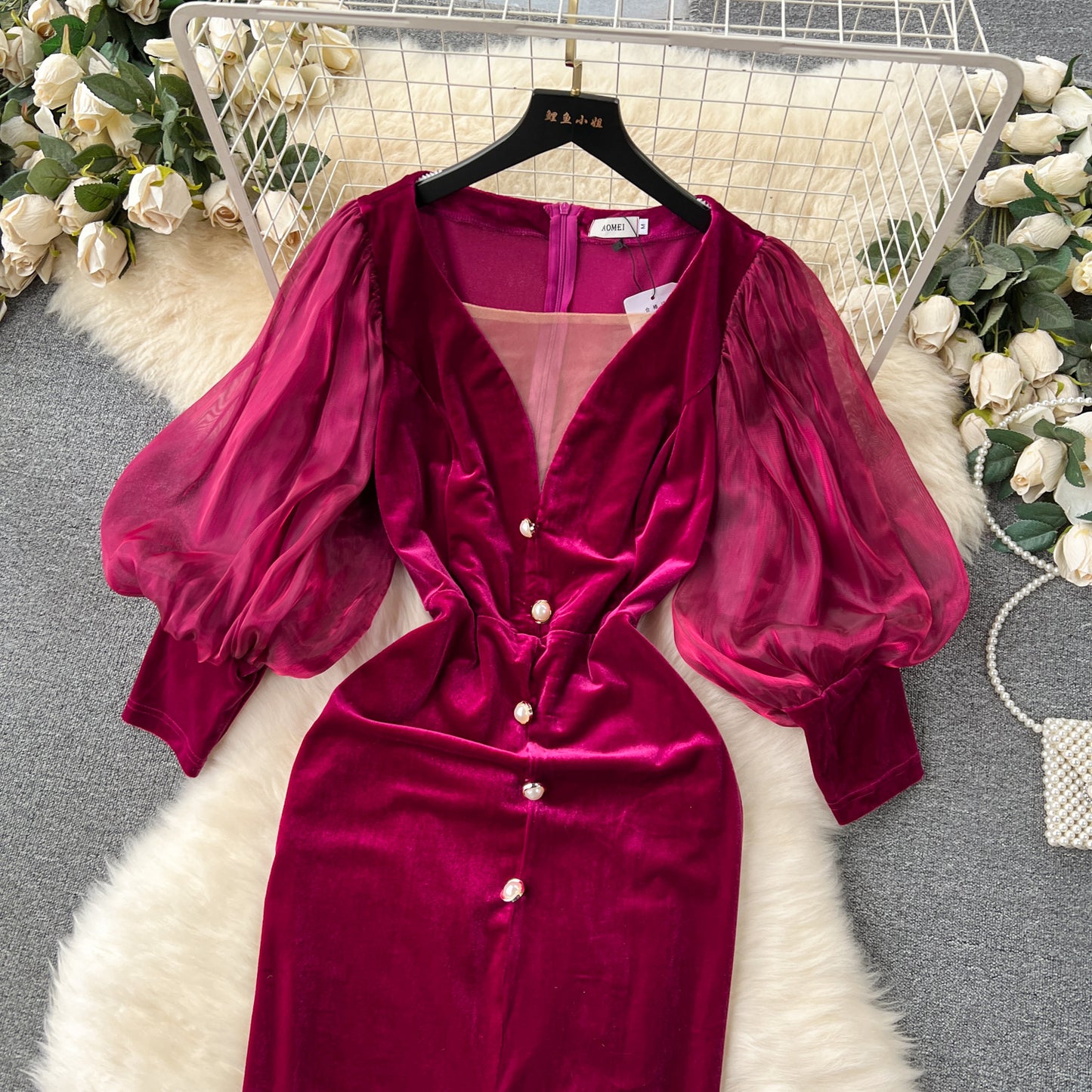 Vireous Vintage Velvet Dress, Lantern Sleeves Court-Style Midi Dress
