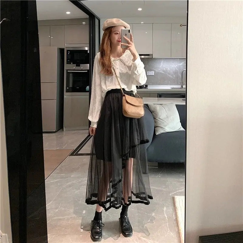 Vireous Women's Asymmetrical Mesh Hipster Skirt