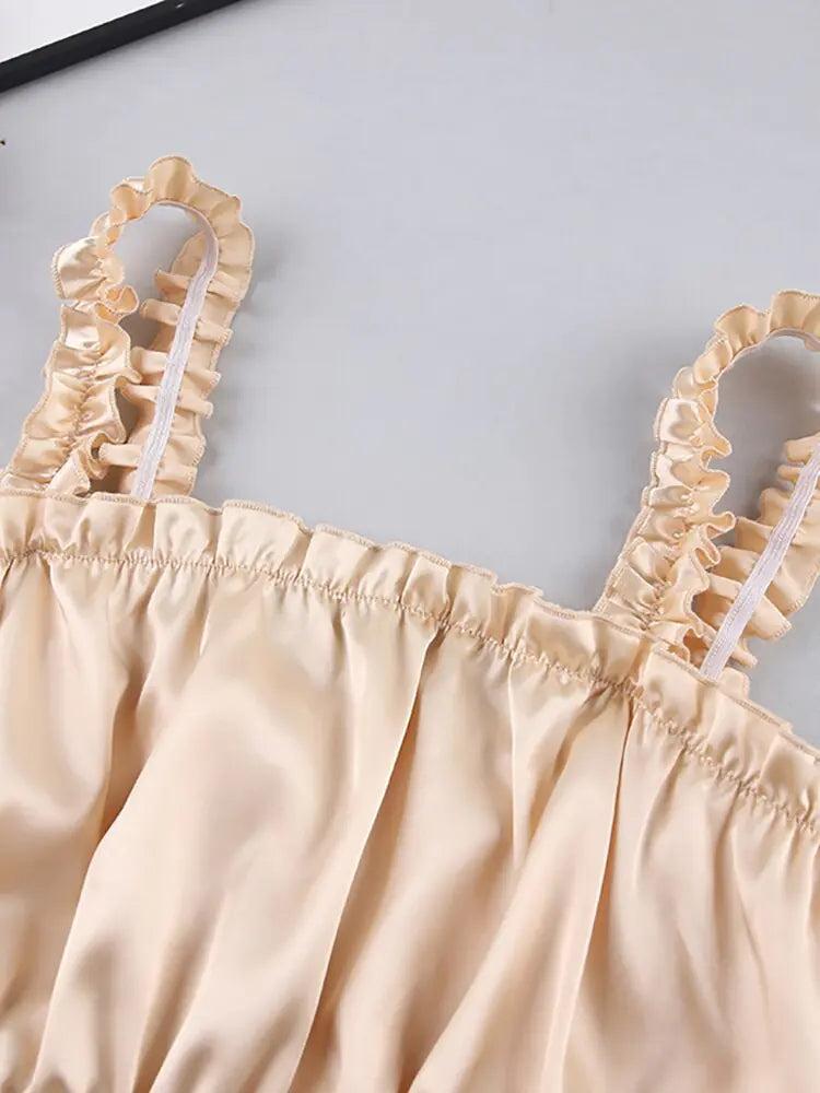 Vireous Two-Piece Set, Ruffle Spaghetti Strap Summer Vacation Style, Satin Top and Shorts