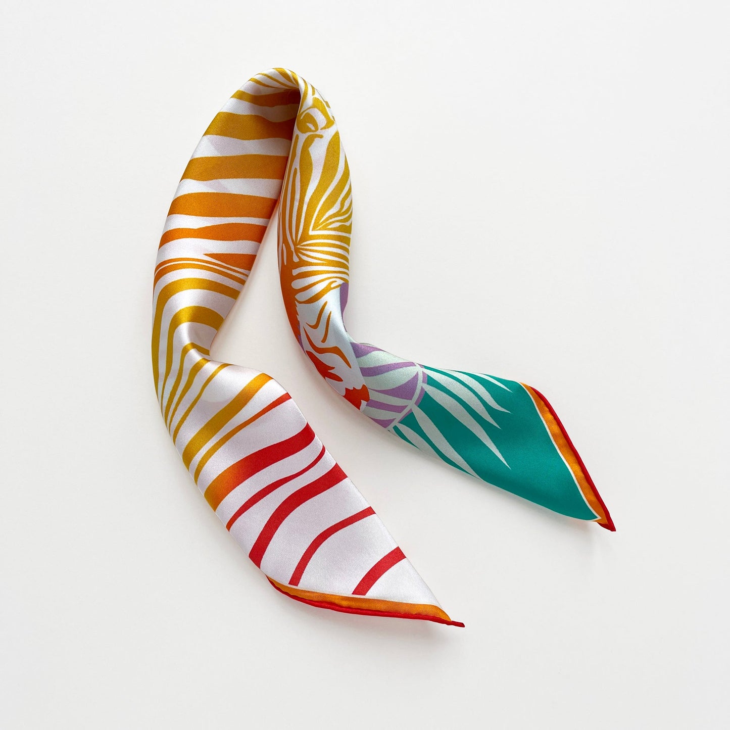 Vibrant Jungle Bloom Silk Scarf, 53cm Double-Sided Print Women's Bandana with Hand-Rolled Edges