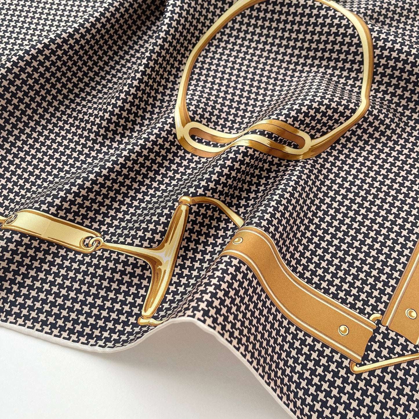 Classic Houndstooth Silk Scarf, Hand-Rolled Square Bandana, Black and Beige
