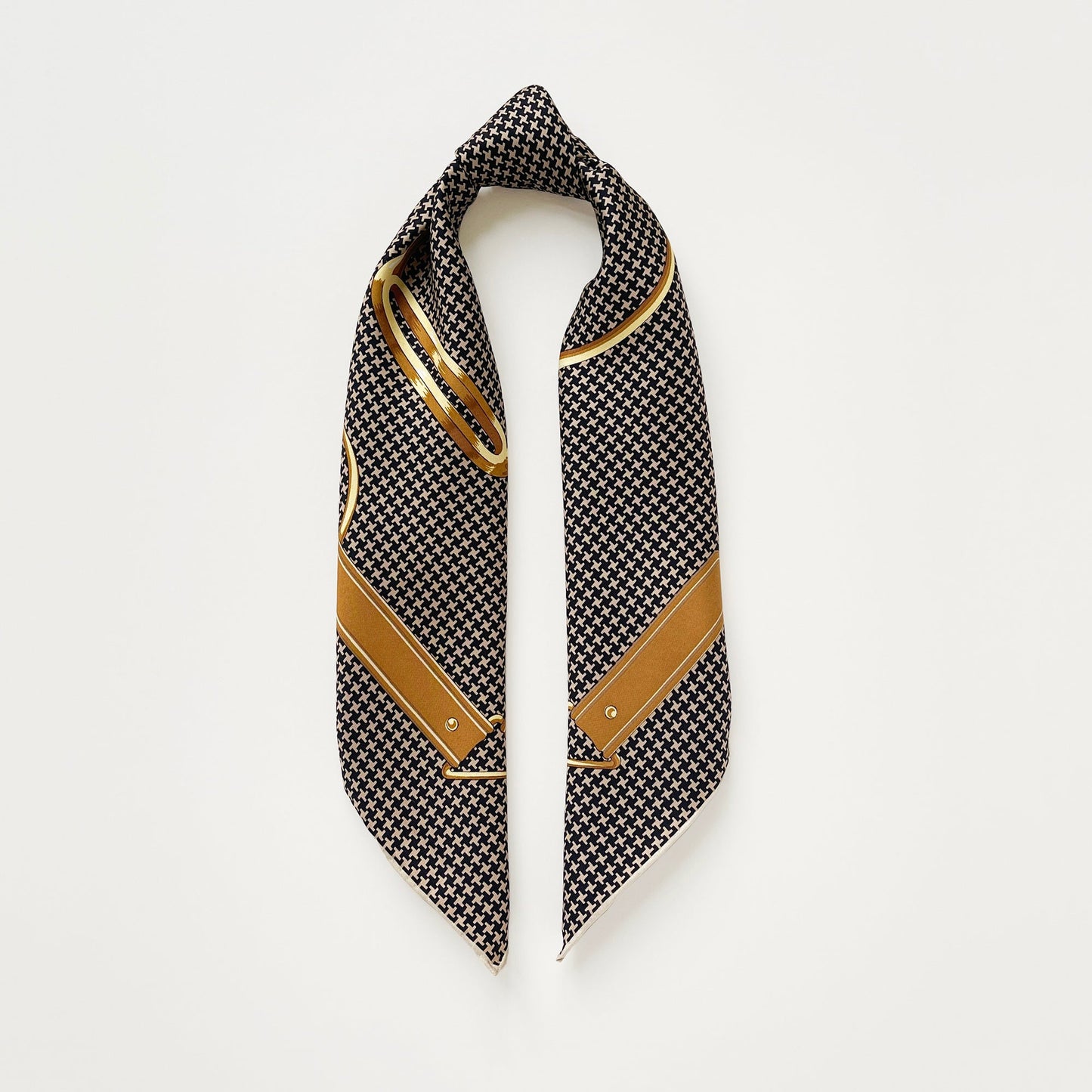Classic Houndstooth Silk Scarf, Hand-Rolled Square Bandana, Black and Beige