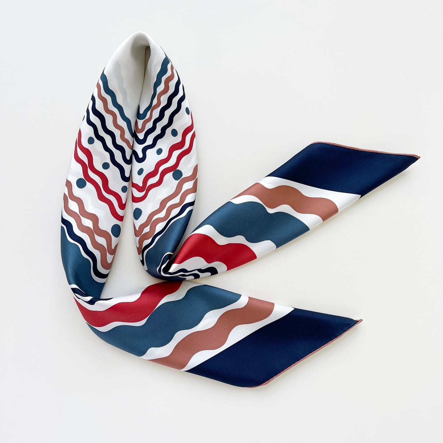 Blue Wave Silk Scarf, 90cm Hand-Rolled Women's Head Scarf
