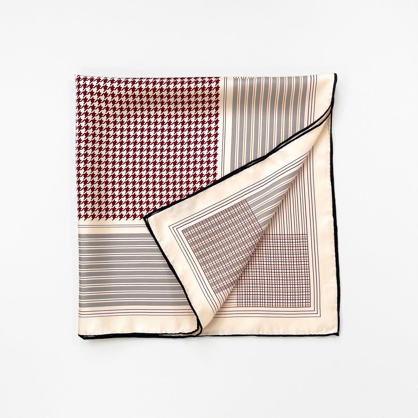 Classic Houndstooth Silk Square Scarf, 65cm Hand-Rolled Bandana Scarf