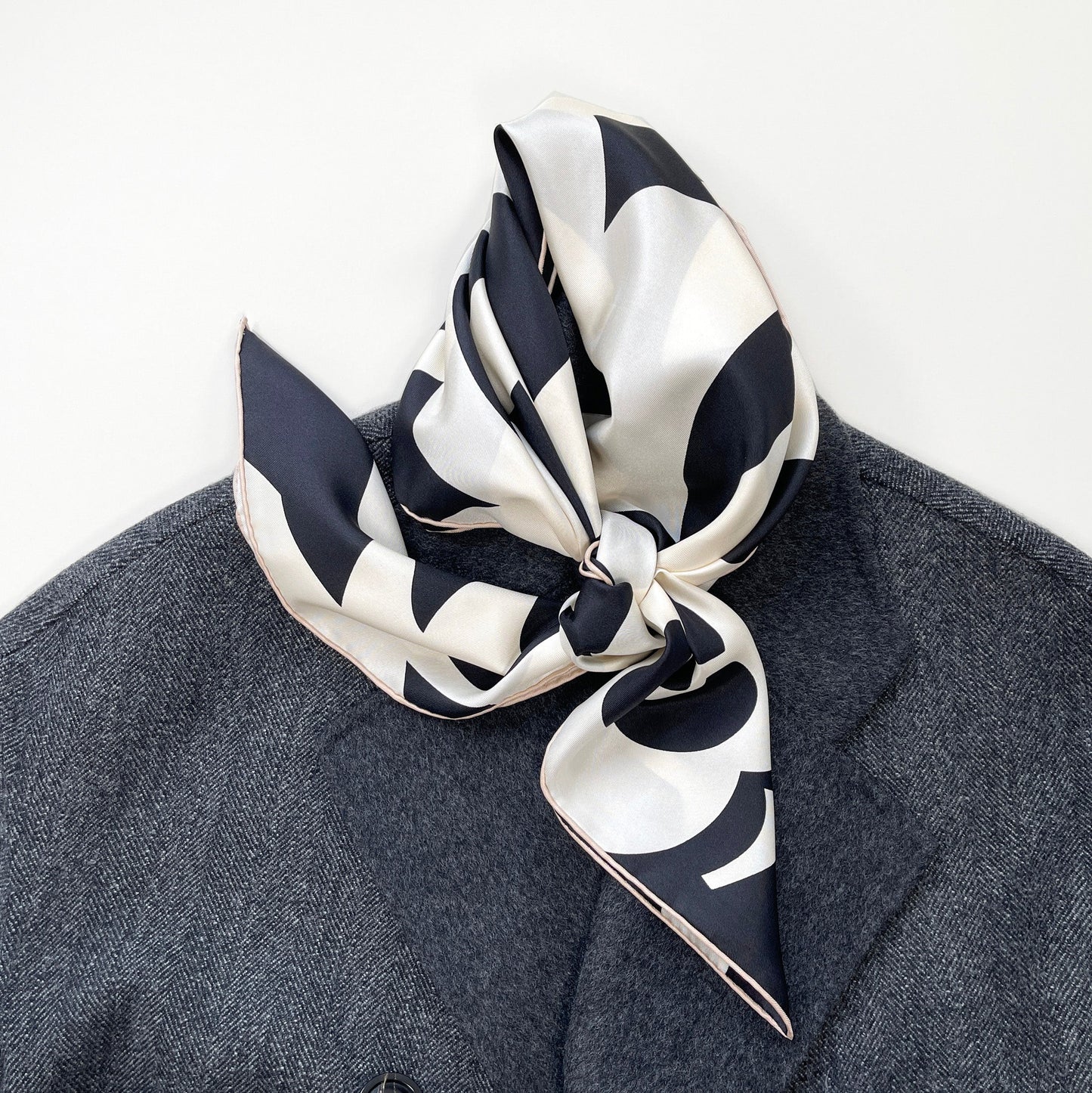 Black and White Camellia Love Silk Scarf, 90cm Hand-Rolled Women's Head Scarf