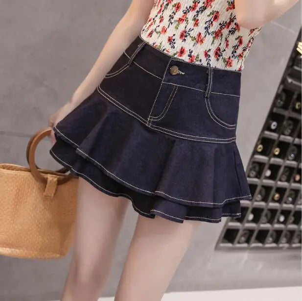 Vireous Chic Denim Combined Shorts-Skirt