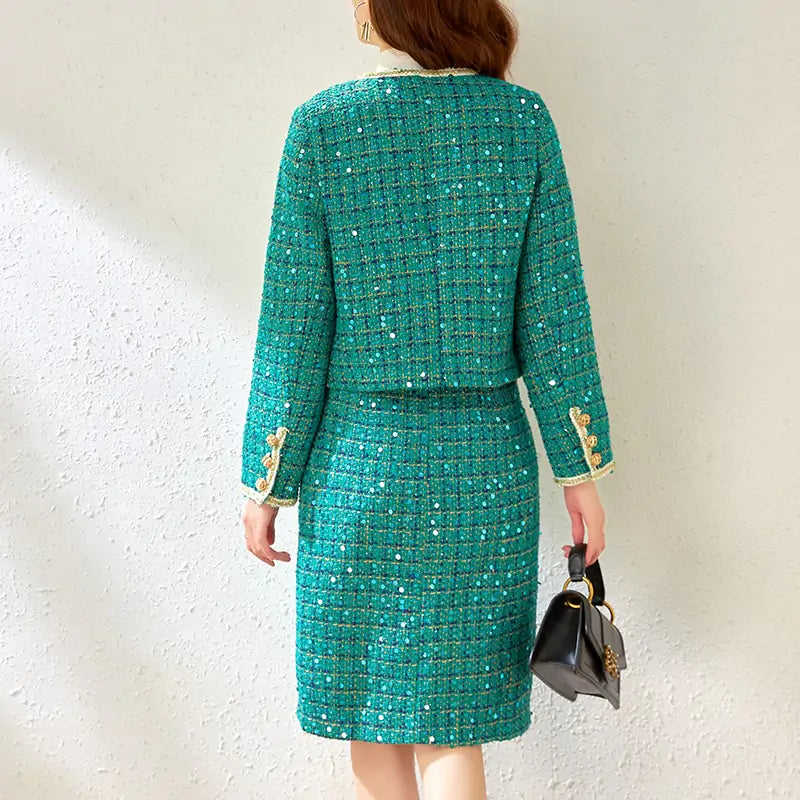 Vireous Green Tweed Jacket and Skirt Set, Winter Catwalk Collection