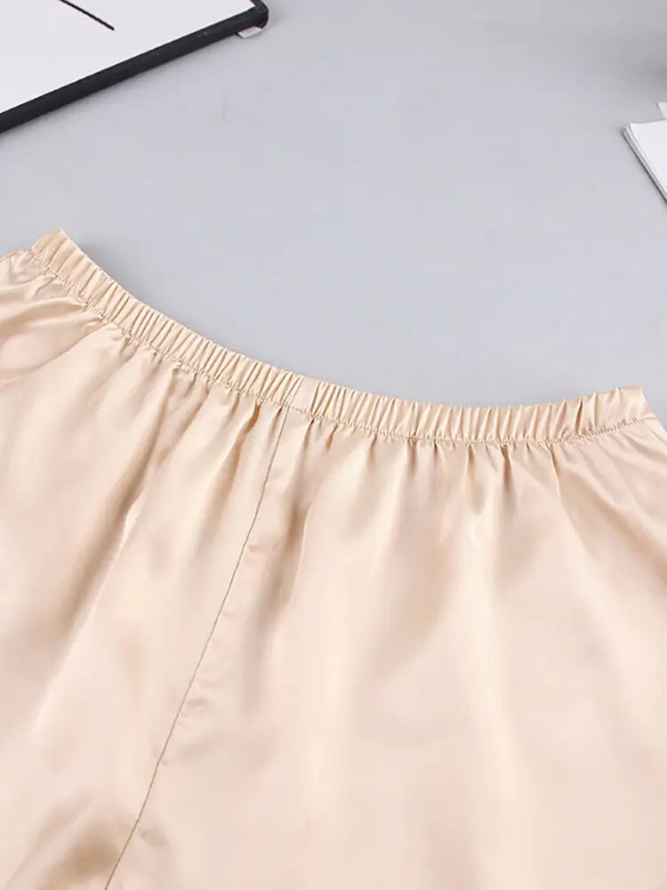Vireous Two-Piece Set, Ruffle Spaghetti Strap Summer Vacation Style, Satin Top and Shorts