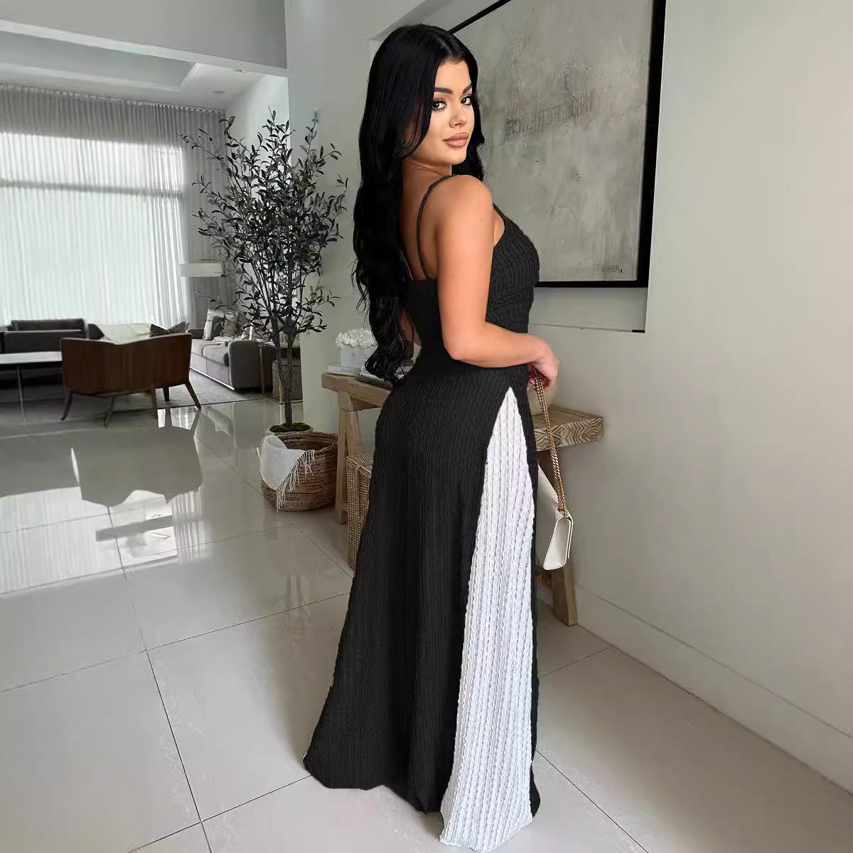 Sexy Cut-Out Wide Leg Knitted Contrast-Colour Jumpsuit