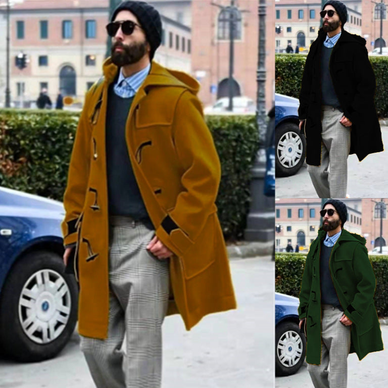 Classic Retro Horn-Button Hooded Woollen Men's Duffel Coat