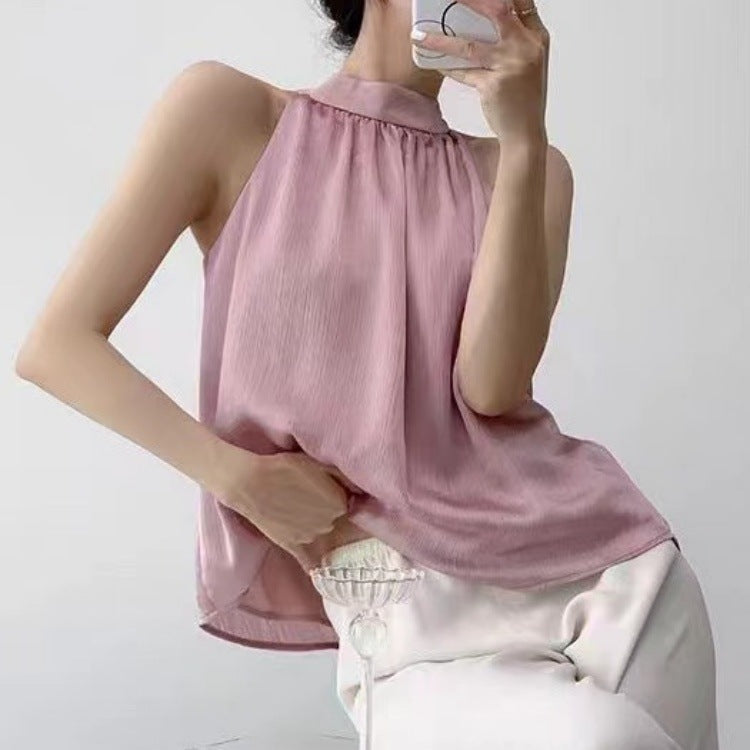 Vireous Design Sleeveless Shirt Women's Off-Shoulder French-Style Halter Top