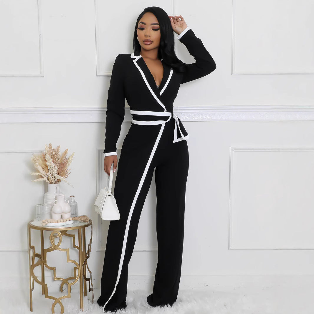 Women's Fashion Belted Design Black and White Long-Sleeve Trouser Suit