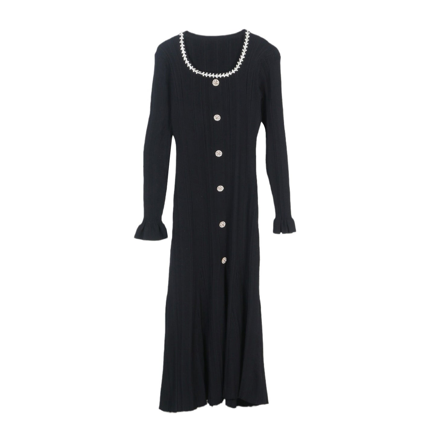 Pleated U-Neck Formal Long Dress, Elegant Long-Sleeve Knitted Dress