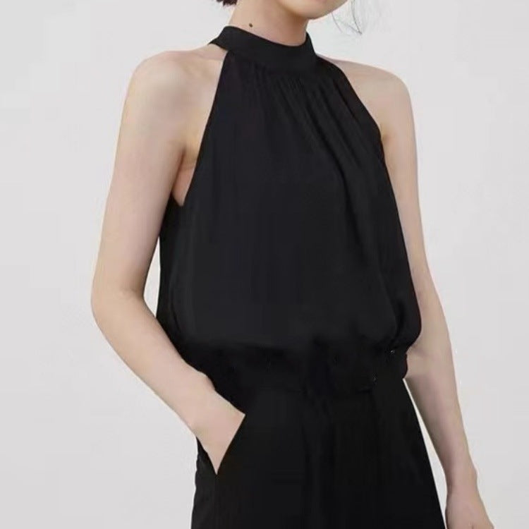Vireous Design Sleeveless Shirt Women's Off-Shoulder French-Style Halter Top
