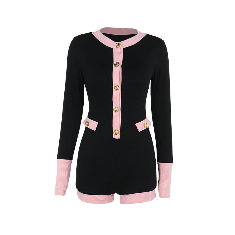French-Style Elegant Slim Knit Contrast Colour Long-Sleeve Jumpsuit
