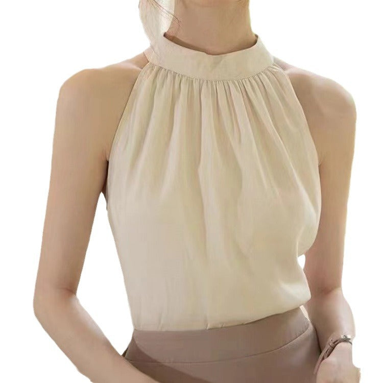 Vireous Design Sleeveless Shirt Women's Off-Shoulder French-Style Halter Top