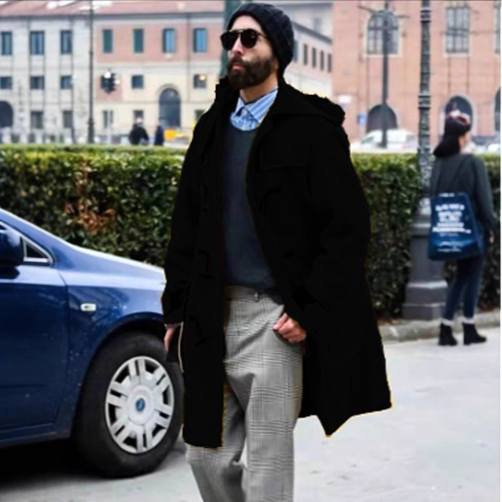 Classic Retro Horn-Button Hooded Woollen Men's Duffel Coat