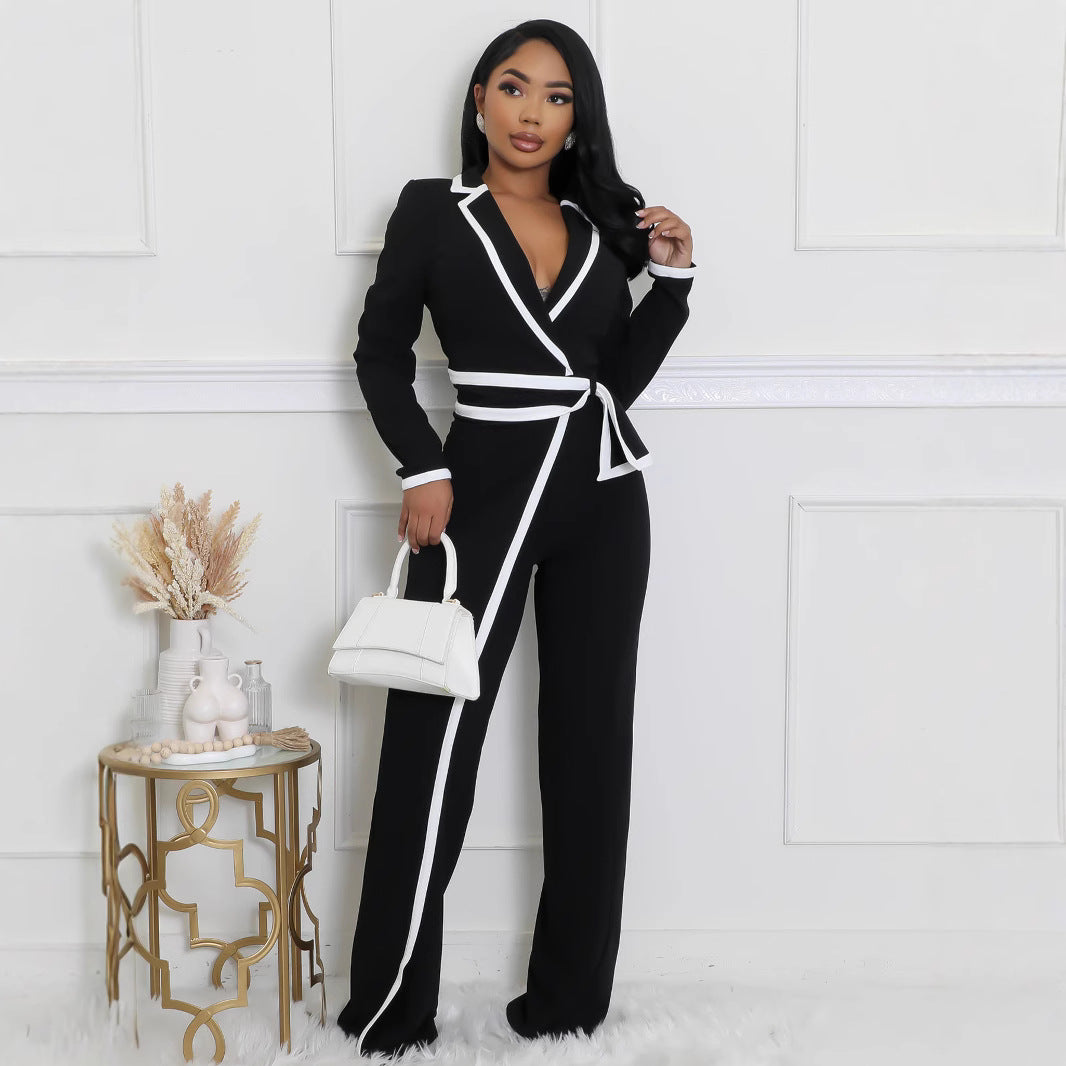 Women's Fashion Belted Design Black and White Long-Sleeve Trouser Suit