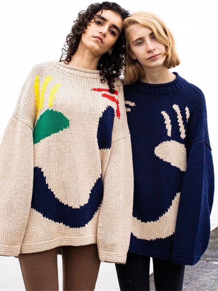 Vireous Women's Knitted Cartoon Pattern, Art Lover Sweater