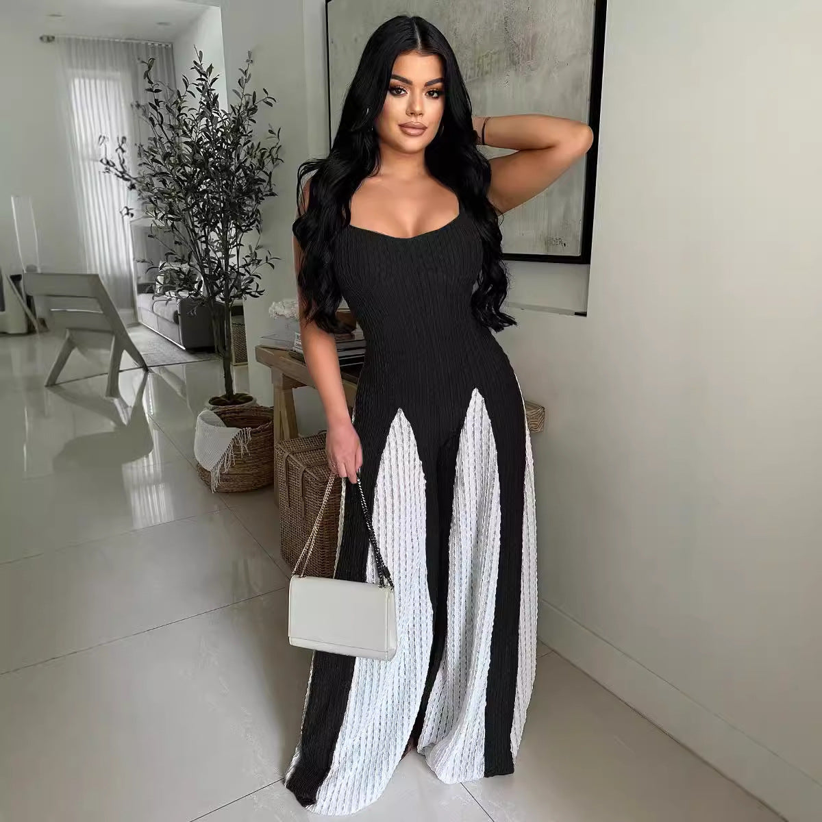 Sexy Cut-Out Wide Leg Knitted Contrast-Colour Jumpsuit