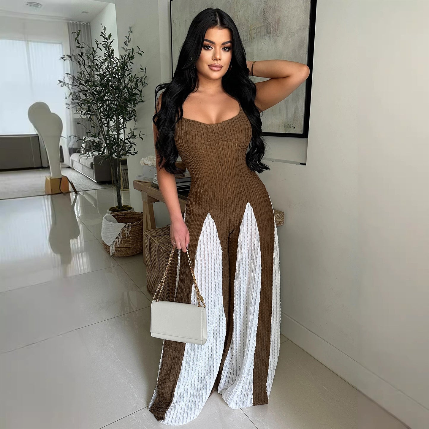 Sexy Cut-Out Wide Leg Knitted Contrast-Colour Jumpsuit