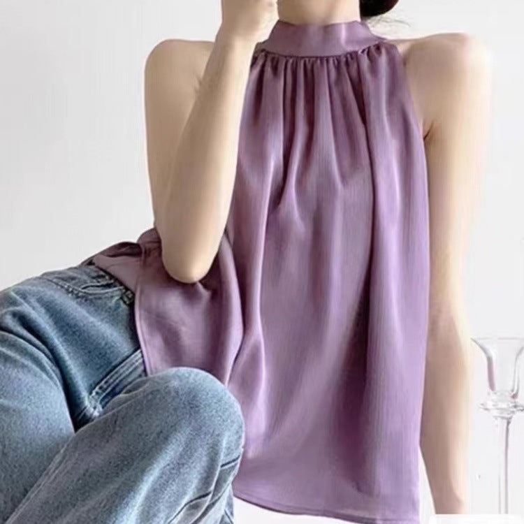 Vireous Design Sleeveless Shirt Women's Off-Shoulder French-Style Halter Top
