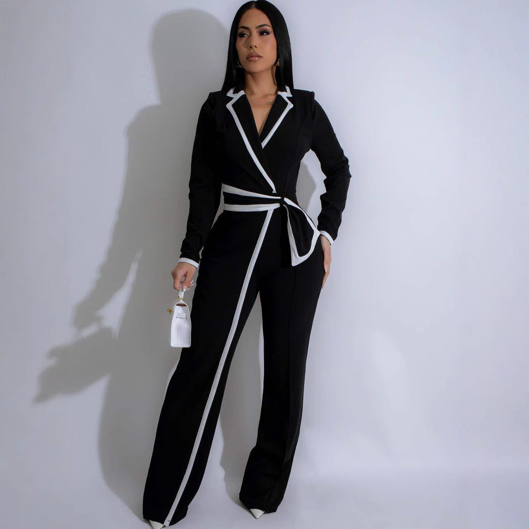 Women's Fashion Belted Design Black and White Long-Sleeve Trouser Suit