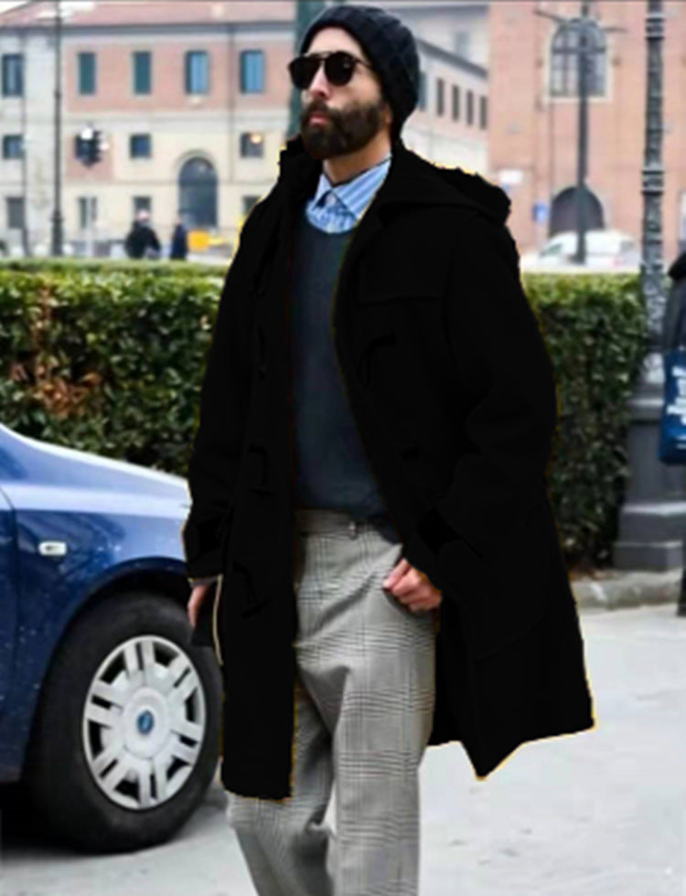 Classic Retro Horn-Button Hooded Woollen Men's Duffel Coat