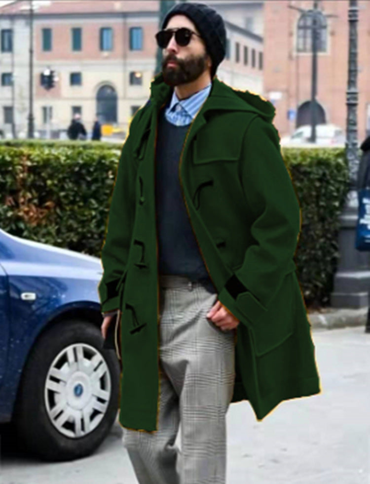 Classic Retro Horn-Button Hooded Woollen Men's Duffel Coat