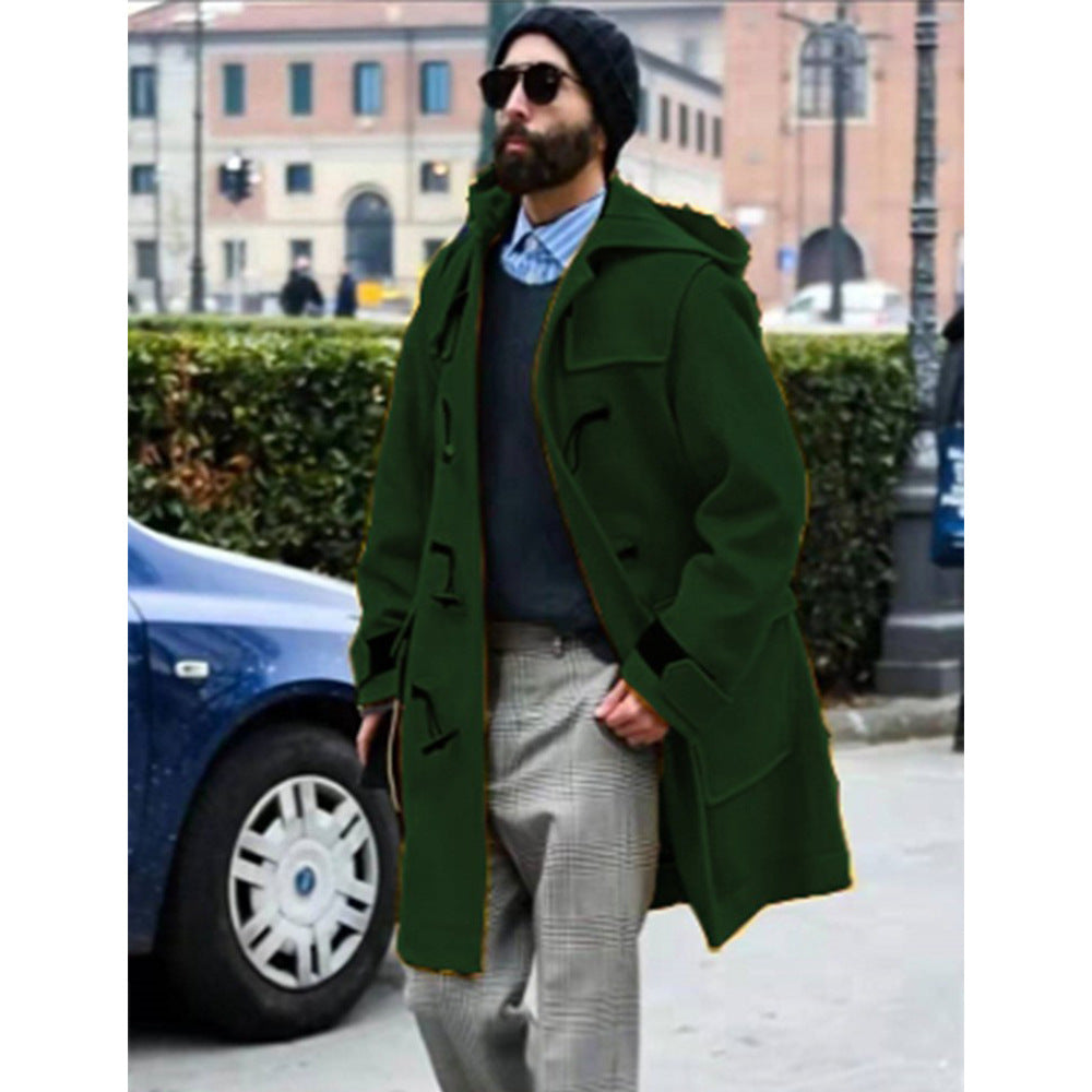 Classic Retro Horn-Button Hooded Woollen Men's Duffel Coat
