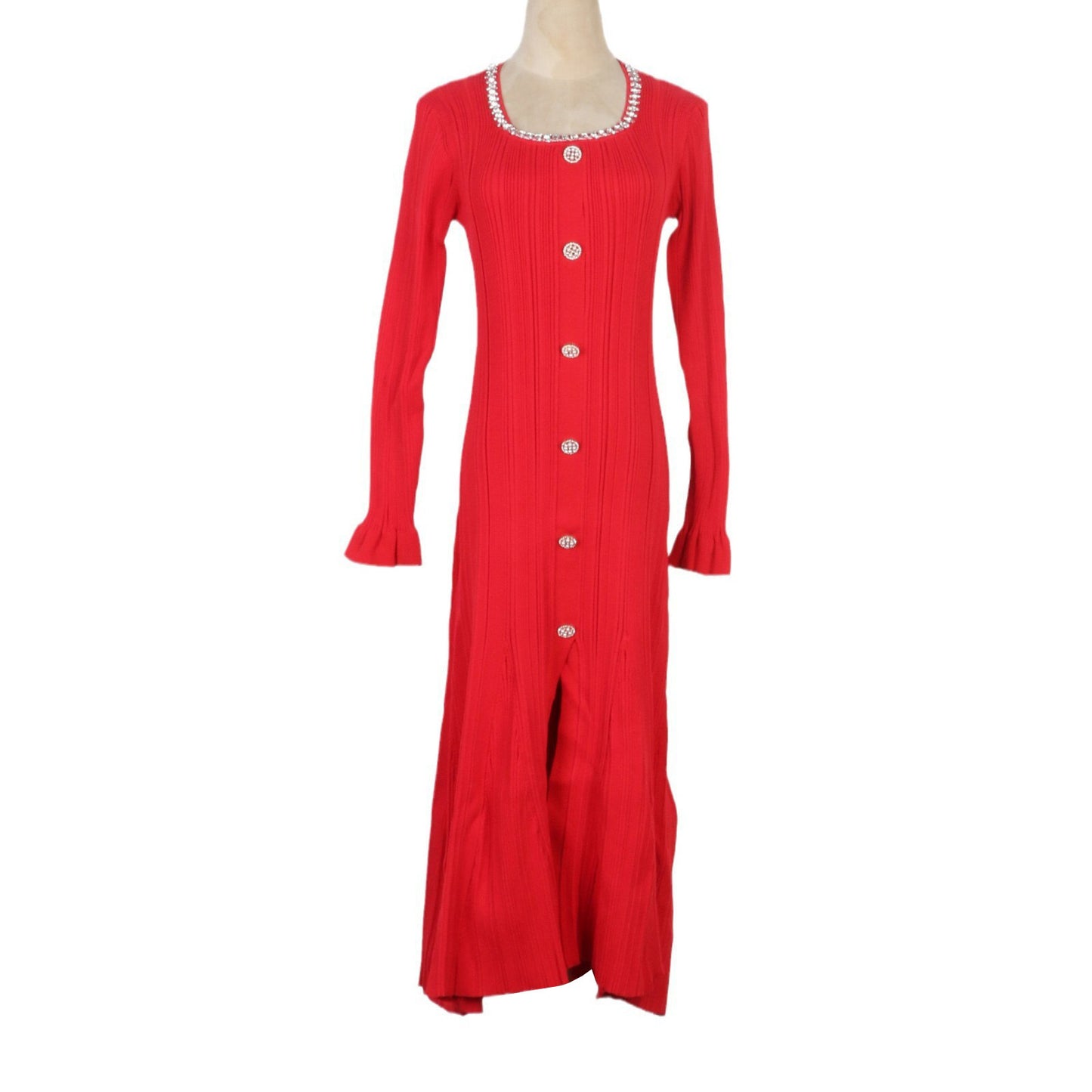 Pleated U-Neck Formal Long Dress, Elegant Long-Sleeve Knitted Dress