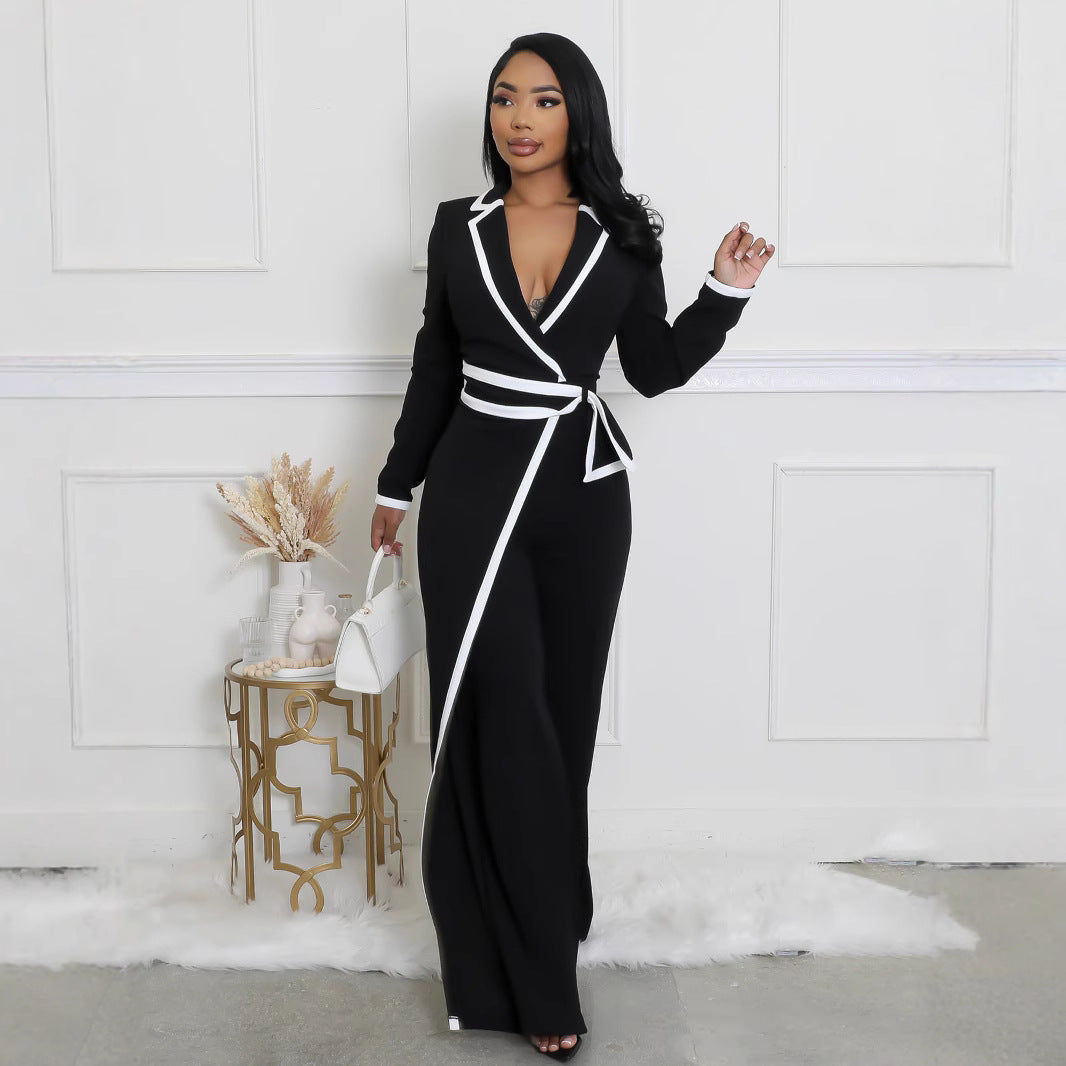 Women's Fashion Belted Design Black and White Long-Sleeve Trouser Suit
