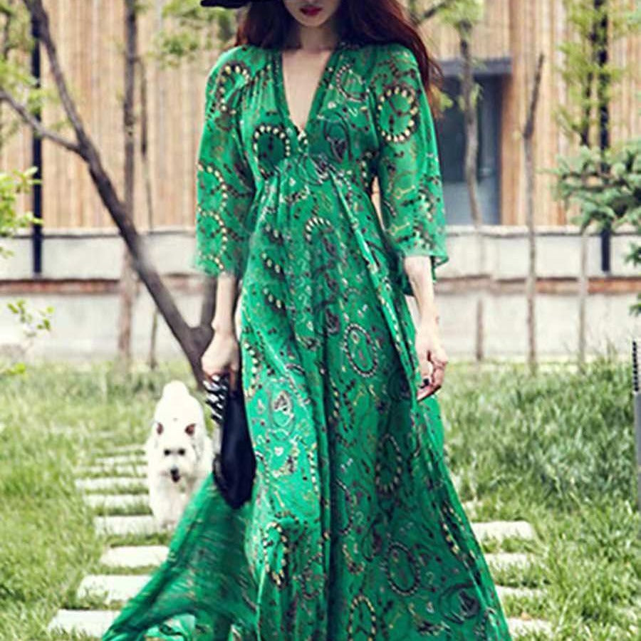Abstract Print Women's Long Flowing Hippy Kaftan Dress