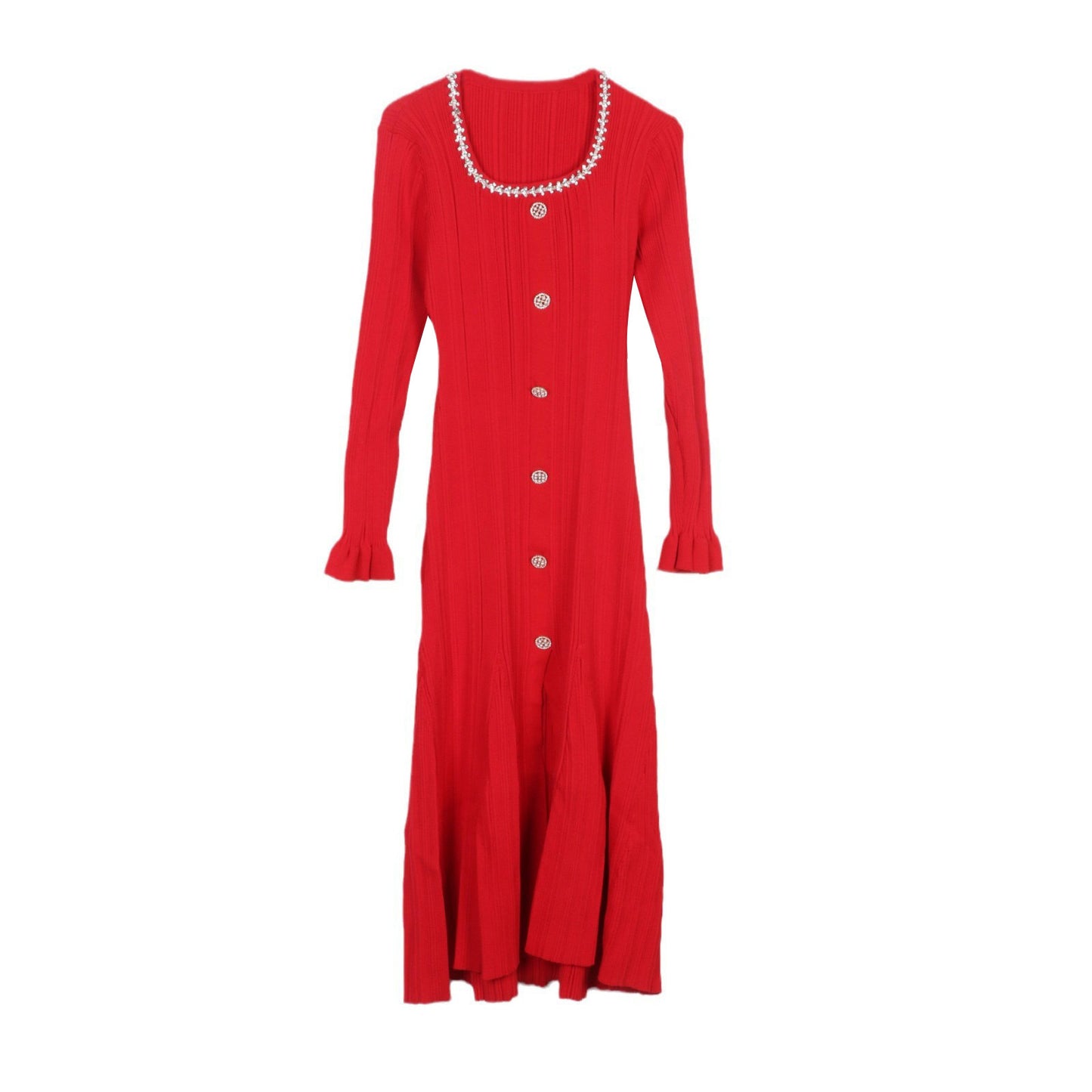 Pleated U-Neck Formal Long Dress, Elegant Long-Sleeve Knitted Dress