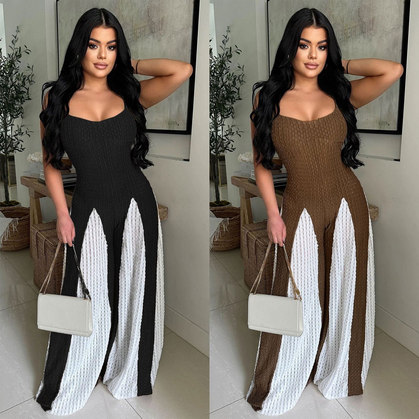 Sexy Cut-Out Wide Leg Knitted Contrast-Colour Jumpsuit