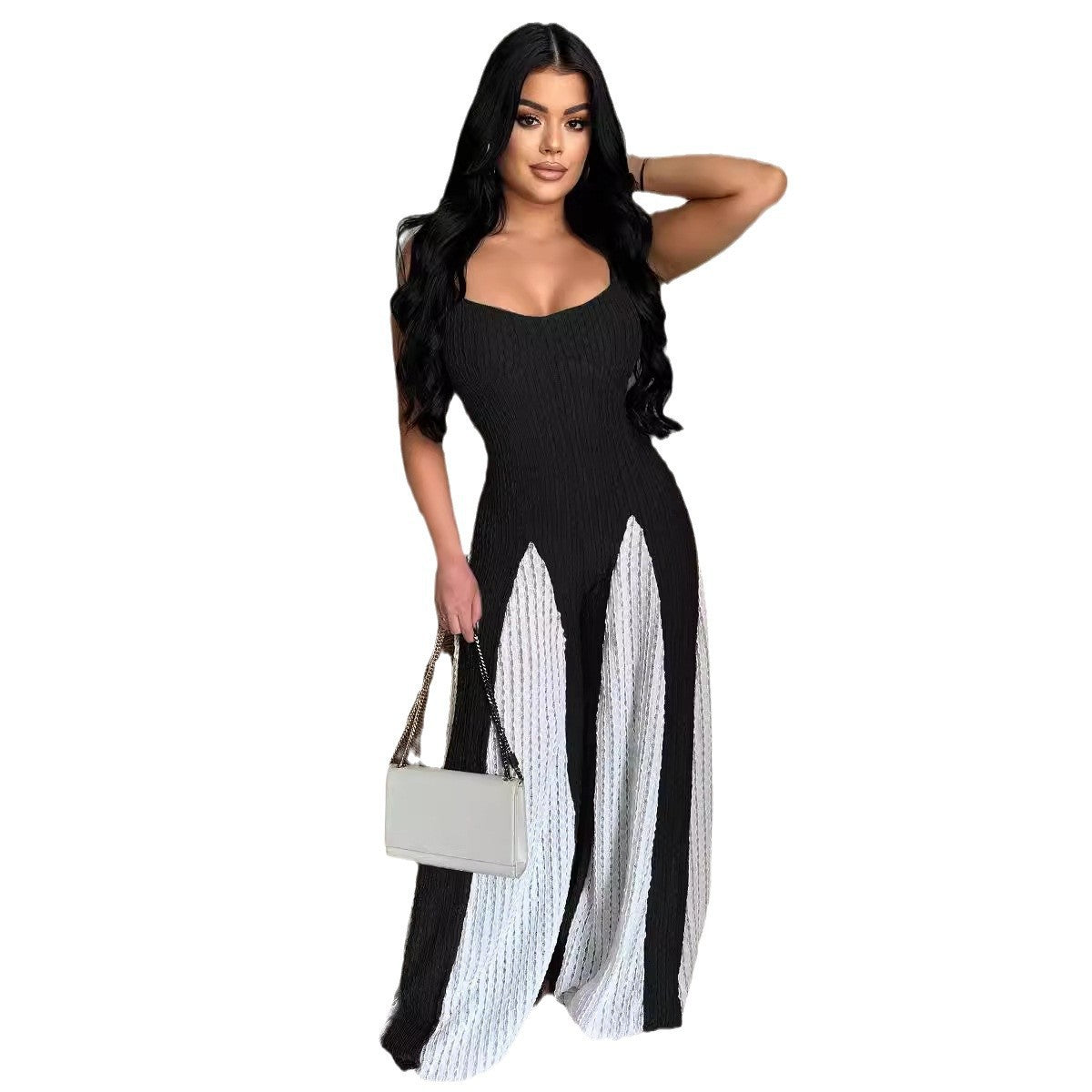 Sexy Cut-Out Wide Leg Knitted Contrast-Colour Jumpsuit