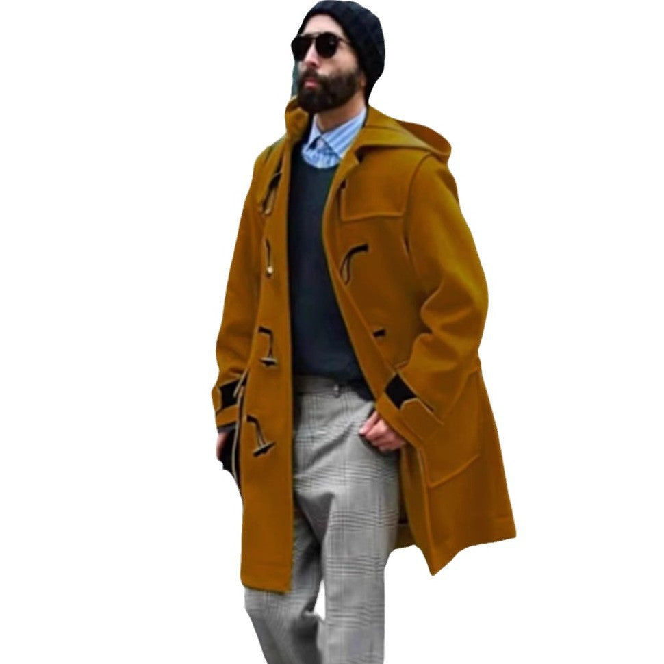 Classic Retro Horn-Button Hooded Woollen Men's Duffel Coat