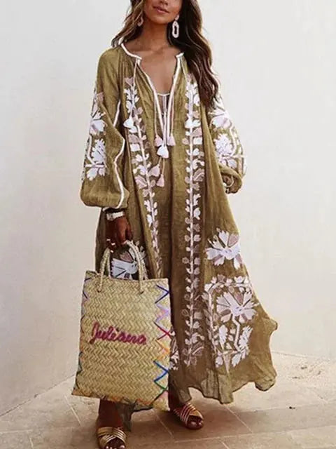Vireous Floral Print A-Line Loose Dress, Spring and Autumn Collection